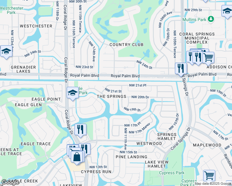 map of restaurants, bars, coffee shops, grocery stores, and more near 11206 Northwest 21st Place in Coral Springs