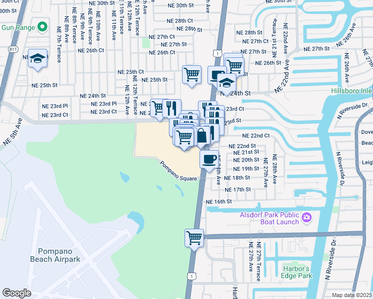 map of restaurants, bars, coffee shops, grocery stores, and more near 2101 North Federal Highway in Pompano Beach