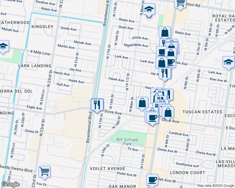 map of restaurants, bars, coffee shops, grocery stores, and more near 1516 Flamingo Avenue in McAllen