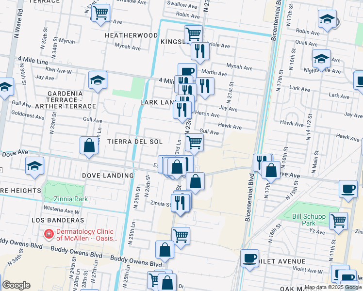 map of restaurants, bars, coffee shops, grocery stores, and more near 5804 North 23rd Street in McAllen