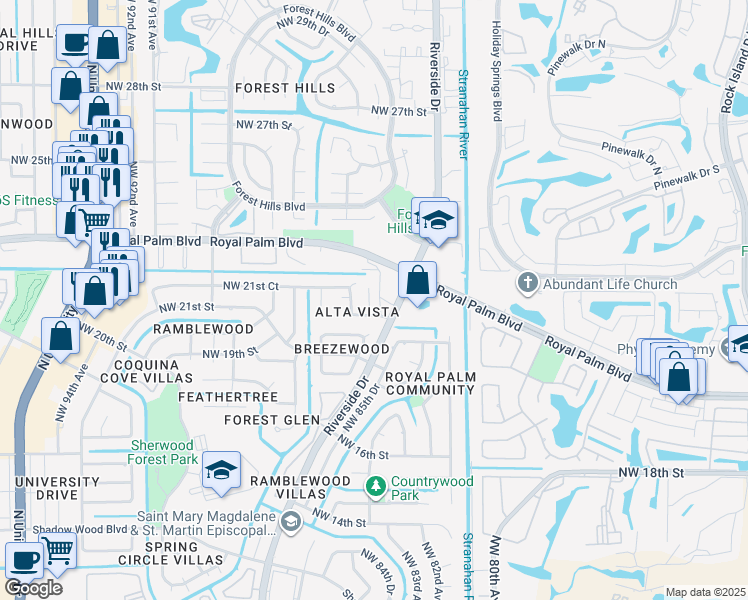 map of restaurants, bars, coffee shops, grocery stores, and more near 2161 Northwest 85th Lane in Coral Springs