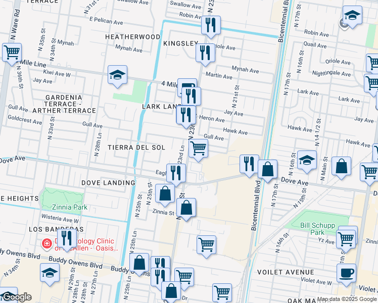 map of restaurants, bars, coffee shops, grocery stores, and more near 5804 North 23rd Street in McAllen