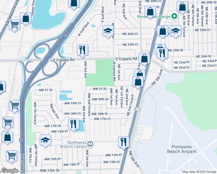 map of restaurants, bars, coffee shops, grocery stores, and more near 111 Northwest 21st Street in Pompano Beach