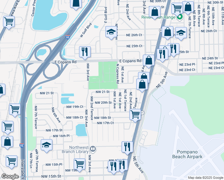 map of restaurants, bars, coffee shops, grocery stores, and more near 111 Northwest 21st Street in Pompano Beach