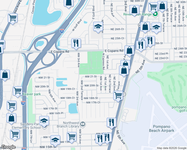 map of restaurants, bars, coffee shops, grocery stores, and more near 185 Northwest 21st Street in Pompano Beach