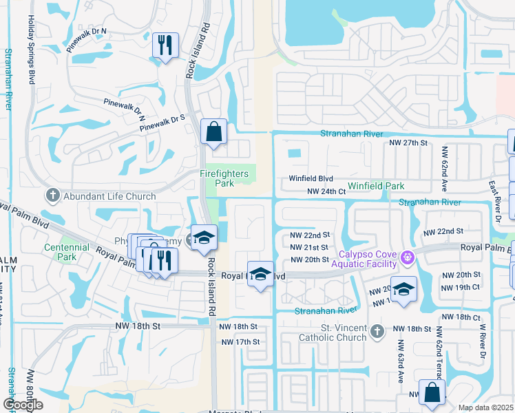 map of restaurants, bars, coffee shops, grocery stores, and more near 6961 Northwest 23rd Street in Margate