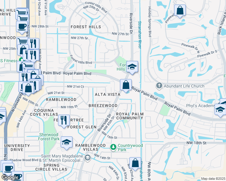 map of restaurants, bars, coffee shops, grocery stores, and more near 2161 Northwest 85th Lane in Coral Springs