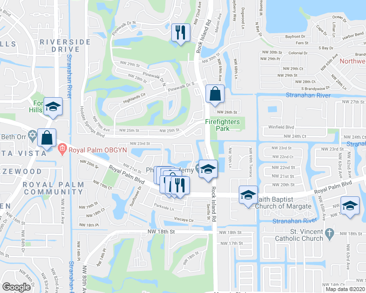 map of restaurants, bars, coffee shops, grocery stores, and more near 7450 Northwest 23rd Street in Margate