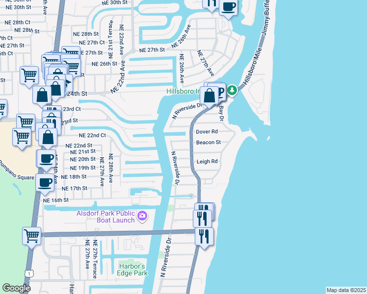 map of restaurants, bars, coffee shops, grocery stores, and more near 3207 Beacon Street in Pompano Beach