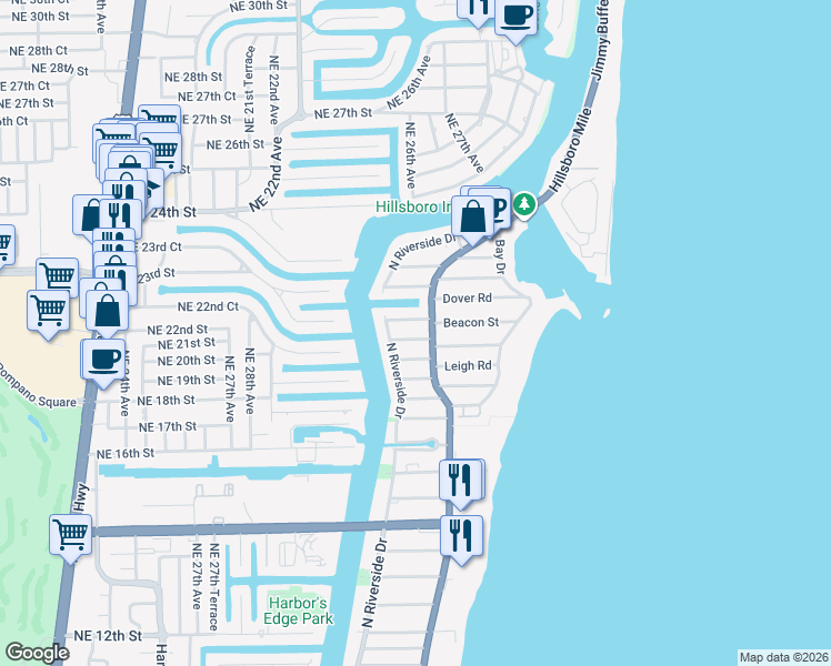 map of restaurants, bars, coffee shops, grocery stores, and more near 3207 Beacon Street in Pompano Beach