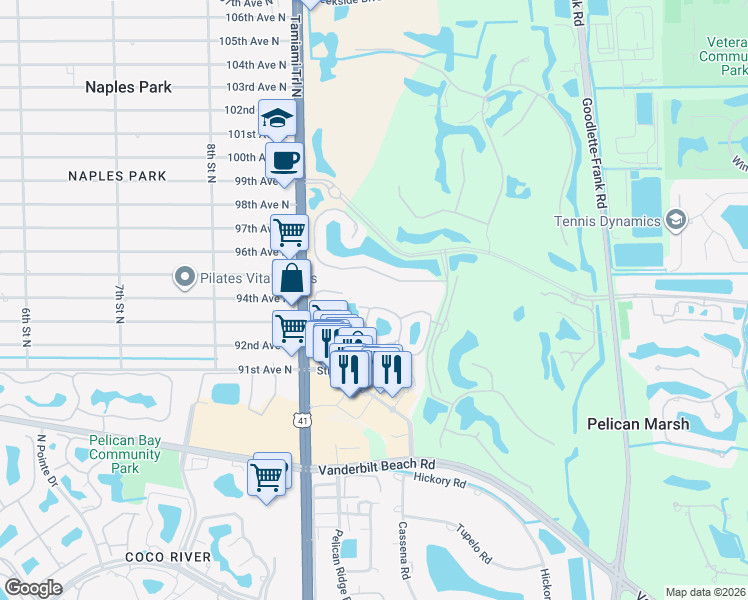 map of restaurants, bars, coffee shops, grocery stores, and more near 1033 Spanish Moss Trail in Naples