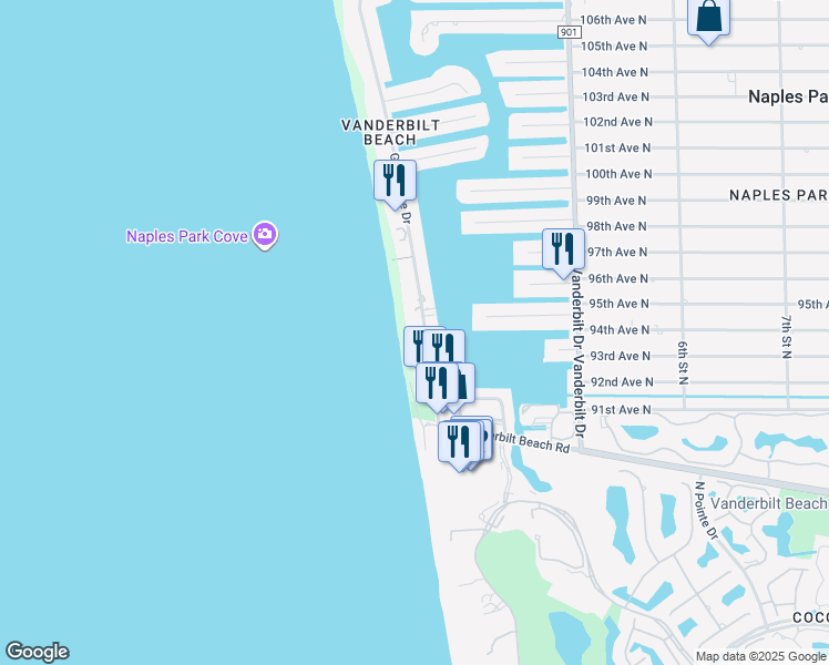 map of restaurants, bars, coffee shops, grocery stores, and more near 9467 Gulf Shore Drive in Naples