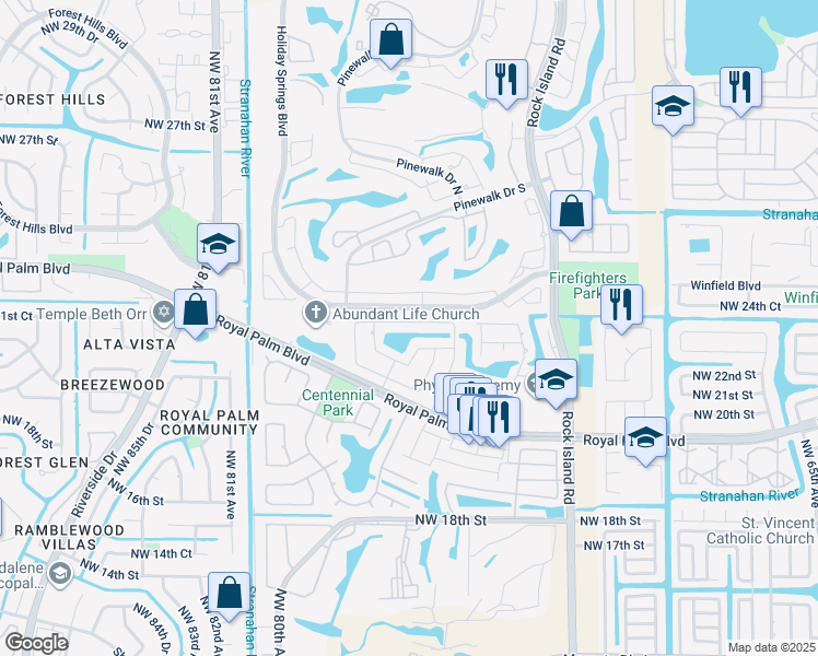map of restaurants, bars, coffee shops, grocery stores, and more near 7661 Northwest 23rd Street in Margate