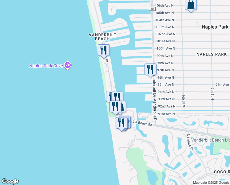 map of restaurants, bars, coffee shops, grocery stores, and more near 9467 Gulf Shore Drive in Naples