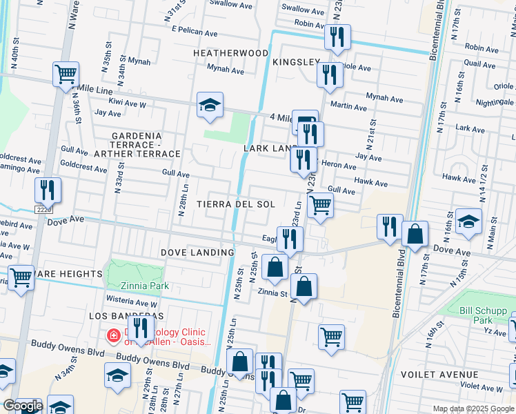 map of restaurants, bars, coffee shops, grocery stores, and more near 2516 Flamingo Circle in McAllen