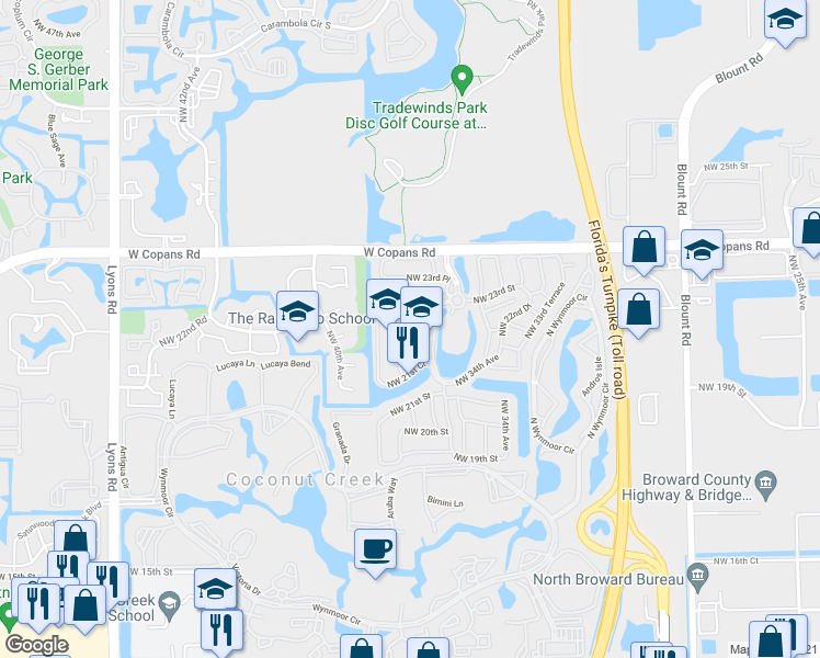 map of restaurants, bars, coffee shops, grocery stores, and more near 2355 Northwest 37th Avenue in Coconut Creek