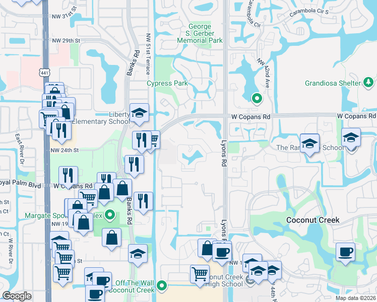 map of restaurants, bars, coffee shops, grocery stores, and more near 4846 Northwest 22nd Street in Coconut Creek