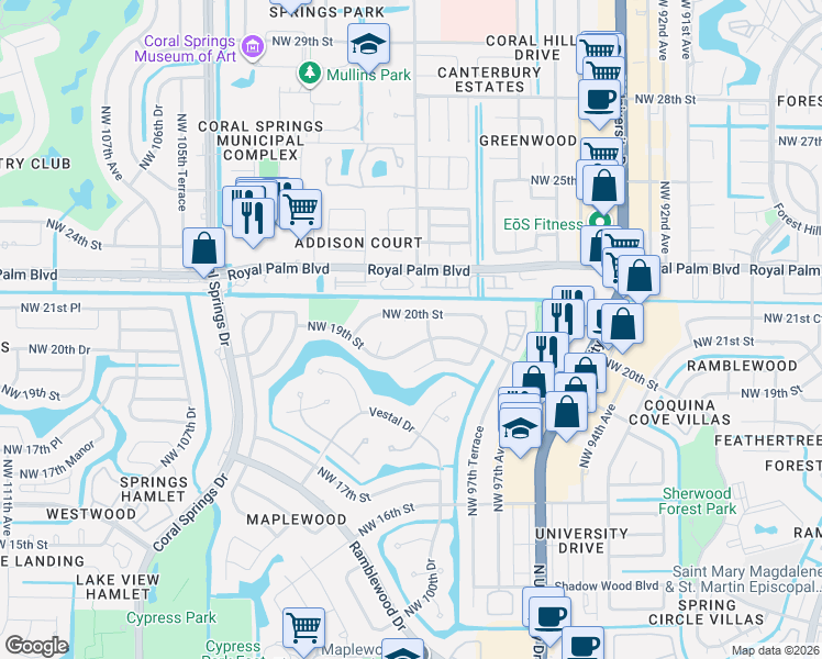 map of restaurants, bars, coffee shops, grocery stores, and more near 2166 Northwest 99th Way in Coral Springs