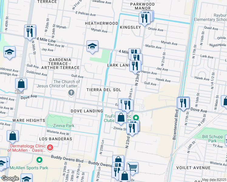 map of restaurants, bars, coffee shops, grocery stores, and more near 2516 Flamingo Circle in McAllen