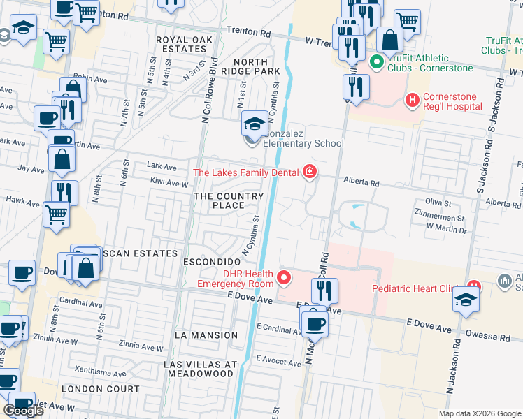 map of restaurants, bars, coffee shops, grocery stores, and more near 6124 North Cynthia Street in McAllen