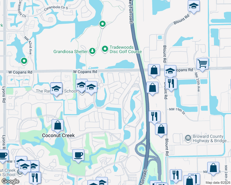 map of restaurants, bars, coffee shops, grocery stores, and more near 3371 Northwest 22nd Court in Coconut Creek