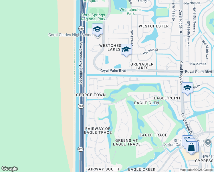map of restaurants, bars, coffee shops, grocery stores, and more near 12599 Classic Drive in Coral Springs