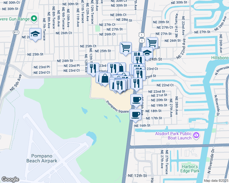map of restaurants, bars, coffee shops, grocery stores, and more near 1400 Northeast 23rd Street in Pompano Beach