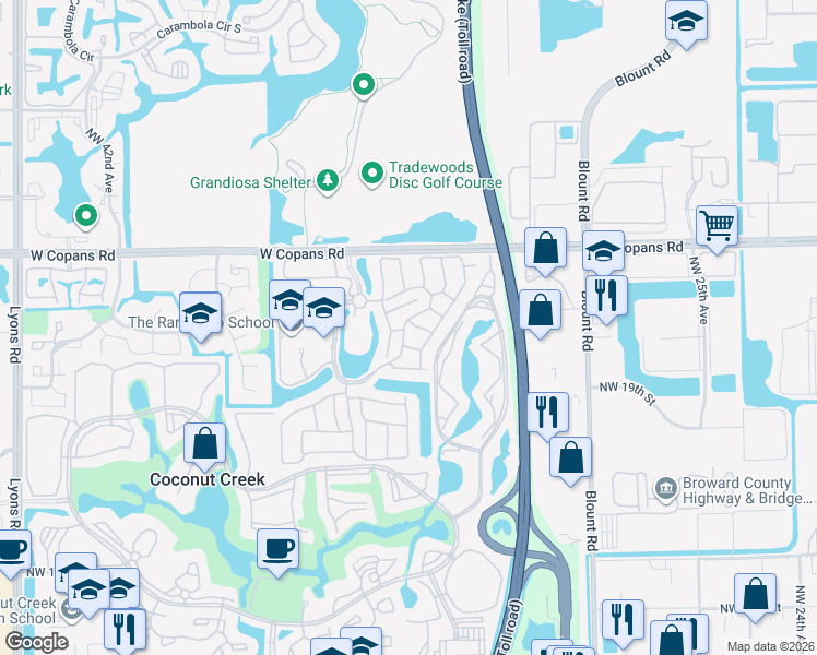 map of restaurants, bars, coffee shops, grocery stores, and more near 3371 Northwest 22nd Court in Coconut Creek