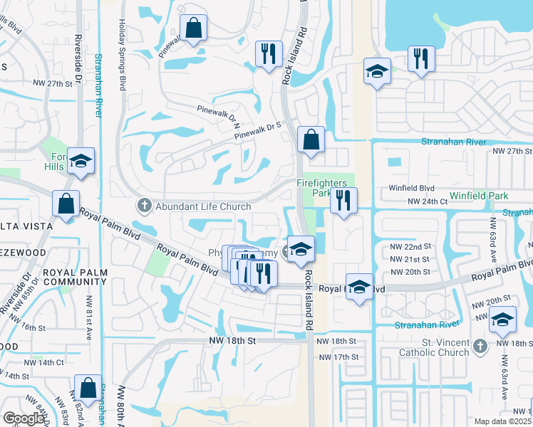 map of restaurants, bars, coffee shops, grocery stores, and more near 7491 Northwest 23rd Street in Margate