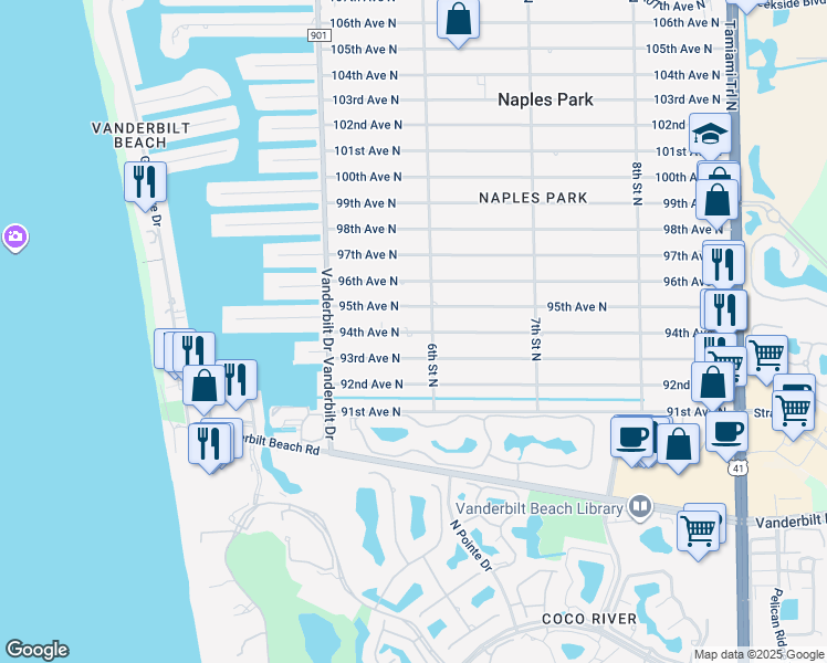 map of restaurants, bars, coffee shops, grocery stores, and more near 561 94th Avenue North in Naples