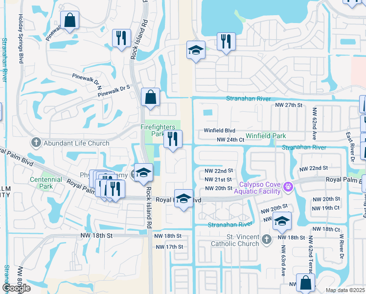 map of restaurants, bars, coffee shops, grocery stores, and more near 6961 Northwest 23rd Street in Margate