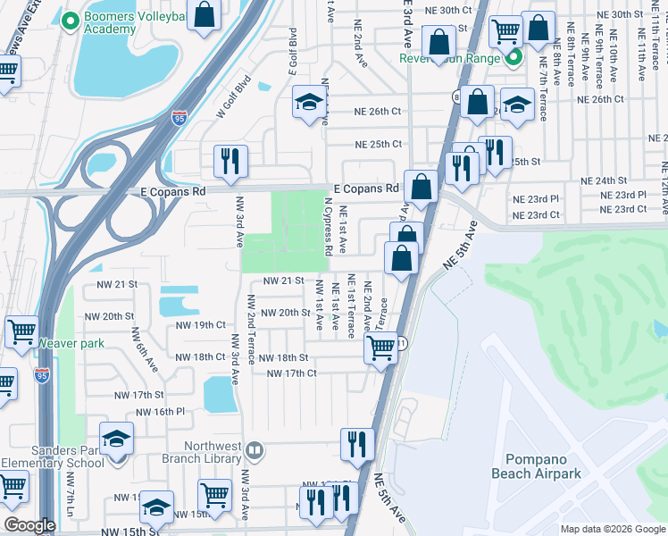 map of restaurants, bars, coffee shops, grocery stores, and more near 30 Northeast 21st Court in Pompano Beach