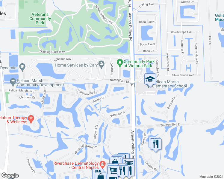 map of restaurants, bars, coffee shops, grocery stores, and more near 2250 Arielle Drive in Naples