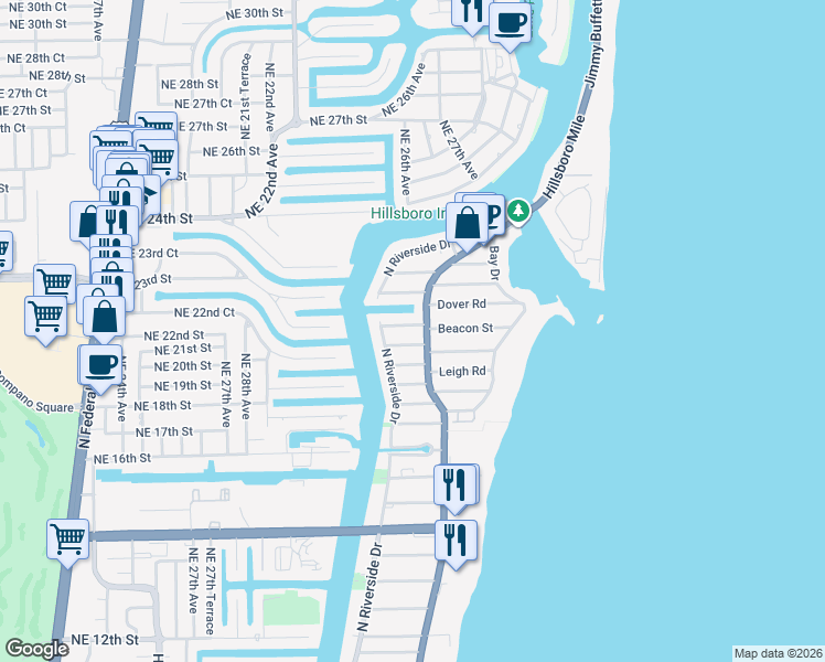 map of restaurants, bars, coffee shops, grocery stores, and more near 3207 Beacon Street in Pompano Beach