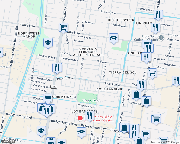 map of restaurants, bars, coffee shops, grocery stores, and more near 3105 Flamingo Avenue in McAllen