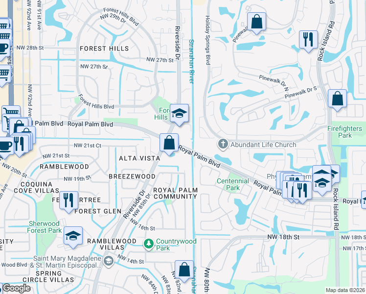 map of restaurants, bars, coffee shops, grocery stores, and more near 8110 Royal Palm Boulevard in Coral Springs