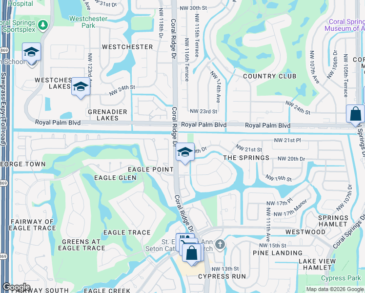 map of restaurants, bars, coffee shops, grocery stores, and more near 2001 Coral Ridge Drive in Coral Springs