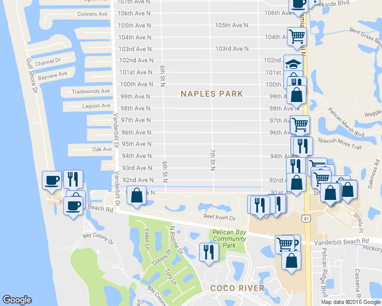 map of restaurants, bars, coffee shops, grocery stores, and more near 643 94th Avenue North in Naples