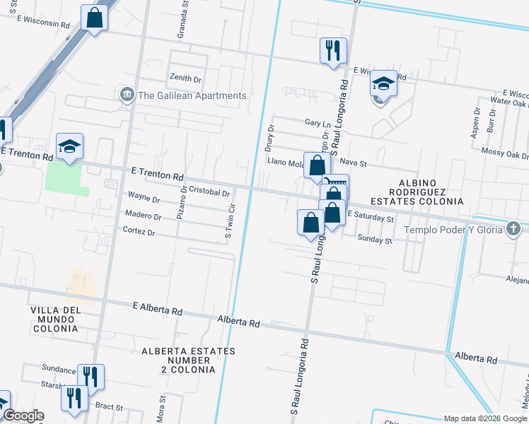 map of restaurants, bars, coffee shops, grocery stores, and more near 2108 East Trenton Road in Edinburg