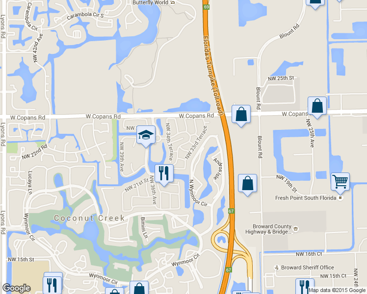 map of restaurants, bars, coffee shops, grocery stores, and more near 3371 Northwest 22nd Court in Coconut Creek