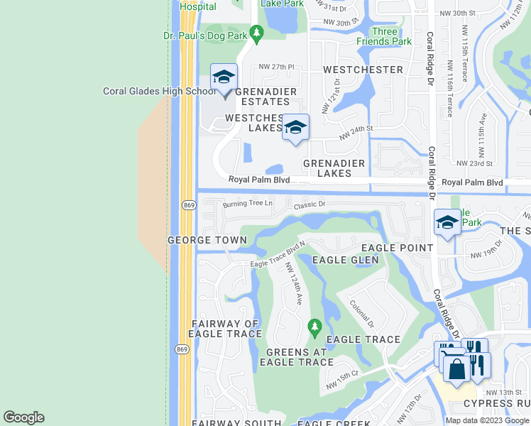 map of restaurants, bars, coffee shops, grocery stores, and more near 12477 Classic Drive in Coral Springs