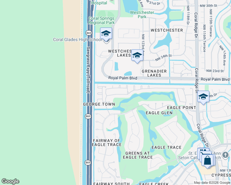 map of restaurants, bars, coffee shops, grocery stores, and more near 12599 Classic Drive in Coral Springs