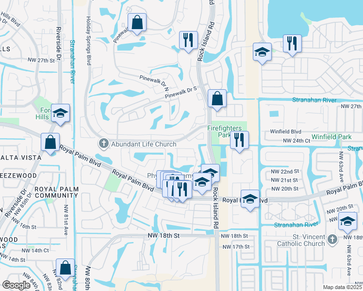 map of restaurants, bars, coffee shops, grocery stores, and more near 7491 Northwest 23rd Street in Margate