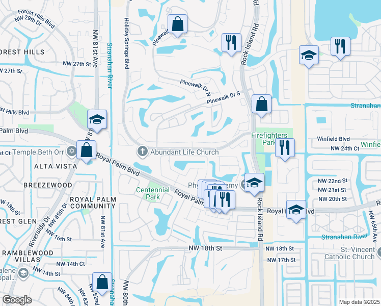 map of restaurants, bars, coffee shops, grocery stores, and more near 7661 Northwest 23rd Street in Margate
