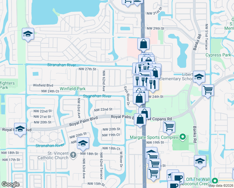 map of restaurants, bars, coffee shops, grocery stores, and more near 5956 Northwest 24th Court in Margate