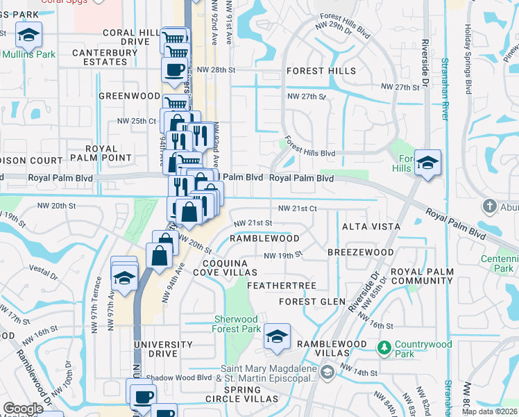 map of restaurants, bars, coffee shops, grocery stores, and more near 8995 Northwest 21st Court in Coral Springs