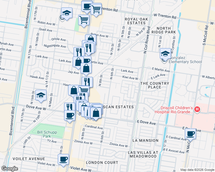 map of restaurants, bars, coffee shops, grocery stores, and more near 612 Heron Avenue in McAllen