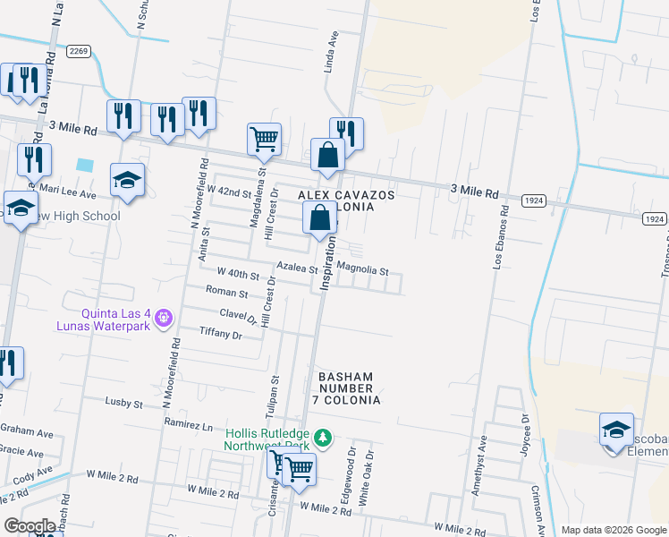 map of restaurants, bars, coffee shops, grocery stores, and more near 4008 North Inspiration Road in Mission