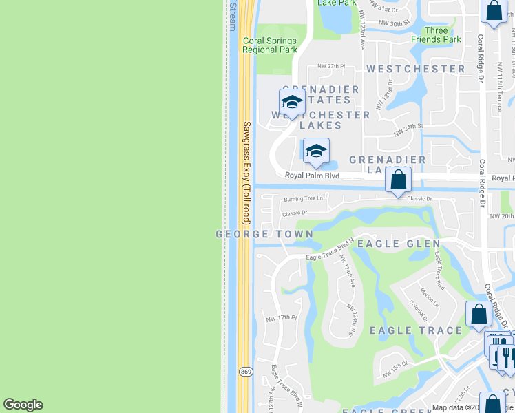 map of restaurants, bars, coffee shops, grocery stores, and more near 12710 Northwest 20th Court in Coral Springs