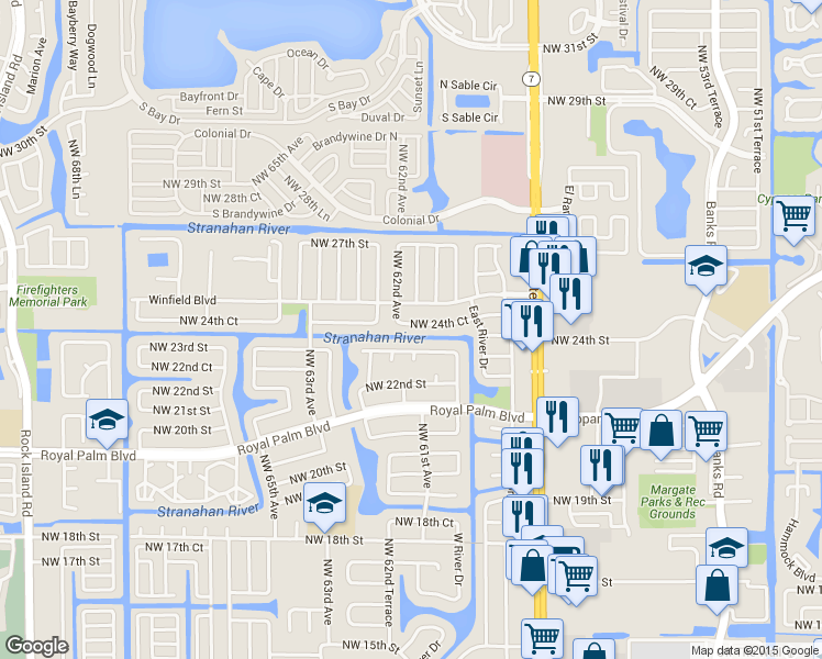 map of restaurants, bars, coffee shops, grocery stores, and more near 6146 Northwest 24th Court in Margate